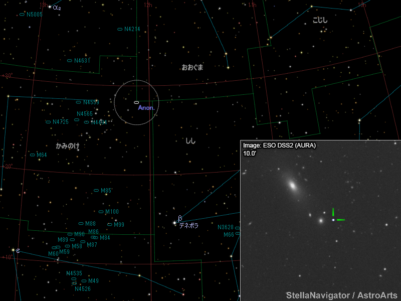 かみのけ座の銀河周辺の星図と、DSS画像に表示した超新星 かみのけ座の銀河周辺の星図と、DSS画像に表示した超新星