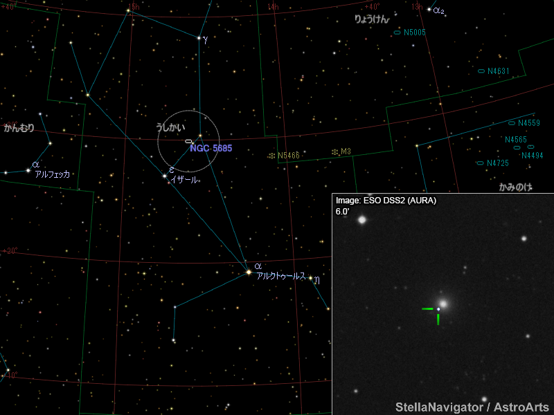 NGC 5685周辺の星図と、DSS画像に表示した超新星 NGC 5685周辺の星図と、DSS画像に表示した超新星