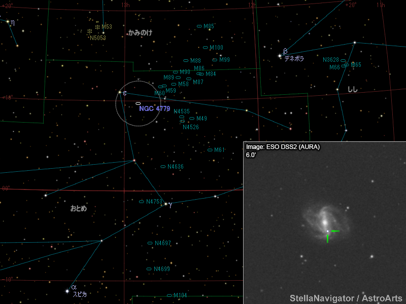 NGC 4779周辺の星図と、DSS画像に表示した超新星 NGC 4779周辺の星図と、DSS画像に表示した超新星