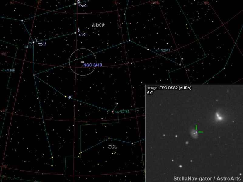 NGC 3410周辺の星図と、DSS画像に表示した超新星 NGC 3410周辺の星図と、DSS画像に表示した超新星