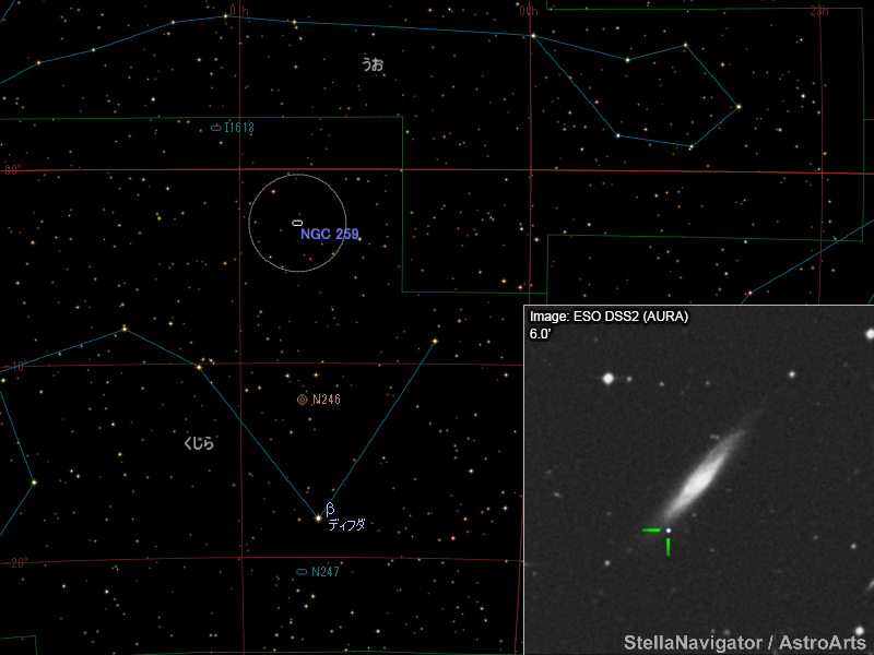 NGC 259周辺の星図と、DSS画像に表示した超新星 NGC 259周辺の星図と、DSS画像に表示した超新星
