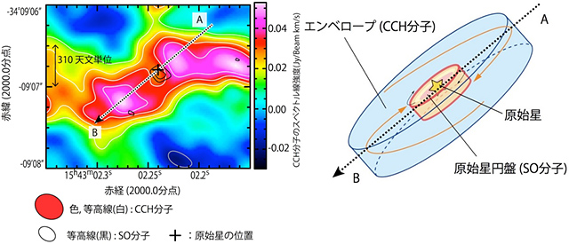 原始星とその周りのガスの模式図 原始星とその周りのガスの模式図