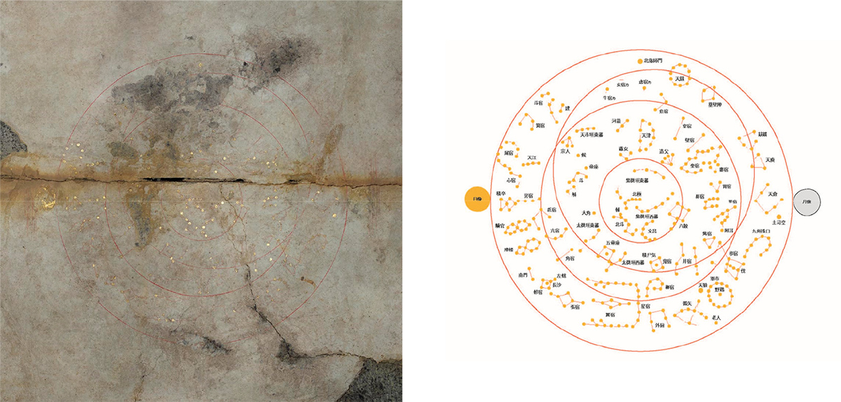 キトラ古墳天井壁画とそのトレース図 キトラ古墳天井壁画とそのトレース図