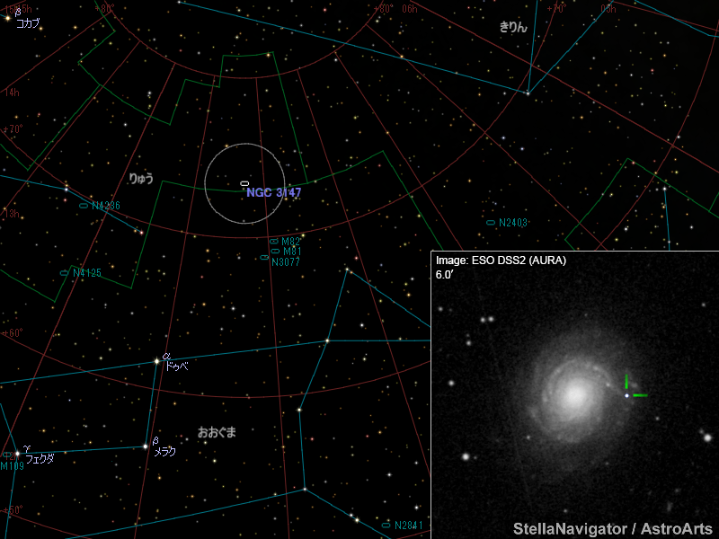 NGC 3147周辺の星図と、DSS画像に表示した超新星 NGC 3147周辺の星図と、DSS画像に表示した超新星