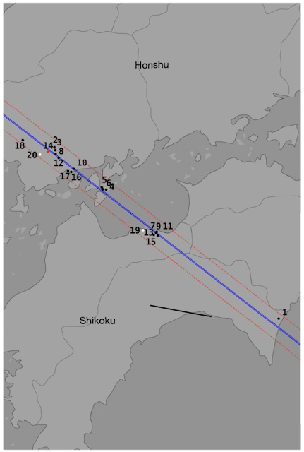 小惑星2001 CC21による掩蔽の観測地点