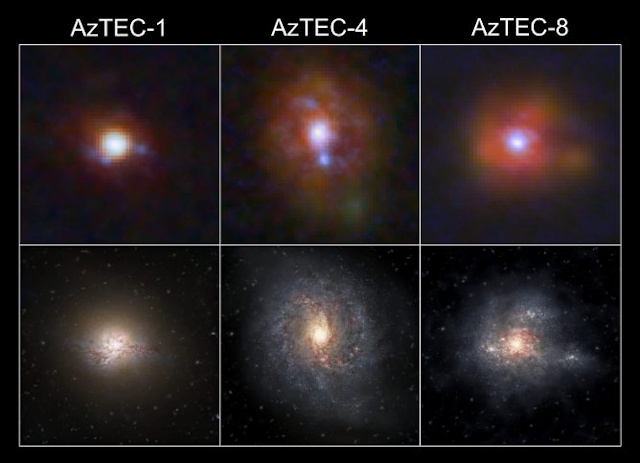 3つのモンスター銀河の観測画像とイメージ図