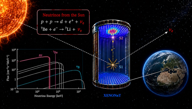 太陽で生成されたニュートリノがXENONnT検出器内で電子と散乱する様子の概念図