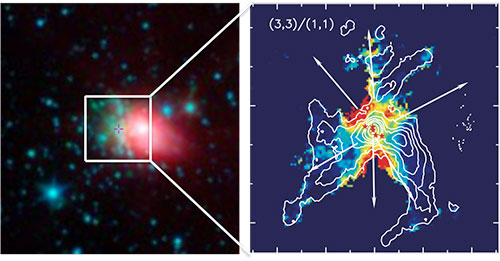 AFGL 5142の中間赤外線3色合成図とアンモニア輝線の空間及び温度分布