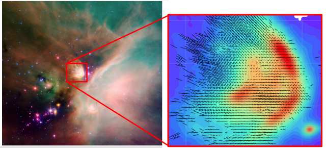 （左）へびつかい座ρ領域、（右）「HAWC+」による星間雲の観測画像