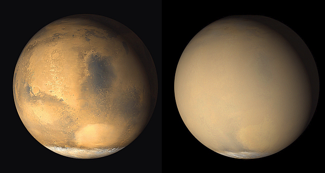 はっきり見える火星と塵にほぼ全球が覆われた火星