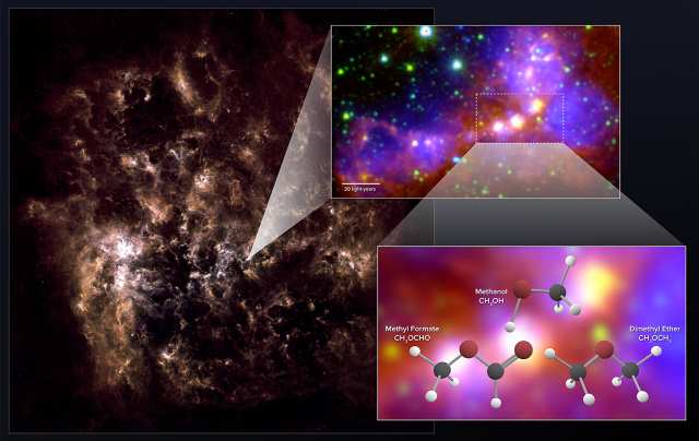 大マゼラン雲の全体像、星形成領域、発見された有機分子の構造