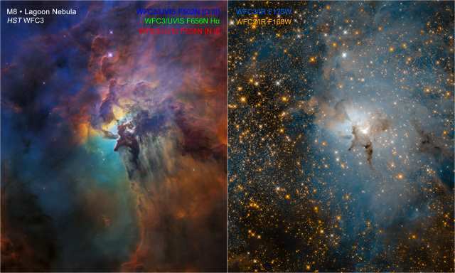 干潟星雲の一部をとらえた可視光線画像と赤外線画像