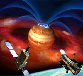 「ひさき」（左）とハッブル宇宙望遠鏡が木星のオーロラの謎を解き明かした
