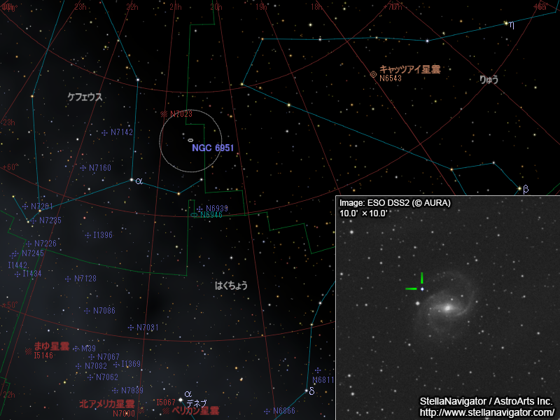 NGC 6951周辺の星図と、DSS画像に表示した超新星