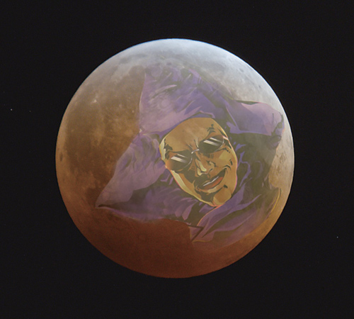 皆既食中の月に映し出されたブラック星博士のイメージ図