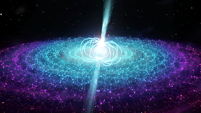 中性子星周囲の磁力線、降着円盤、外へ向かって放出されるジェットのイラスト