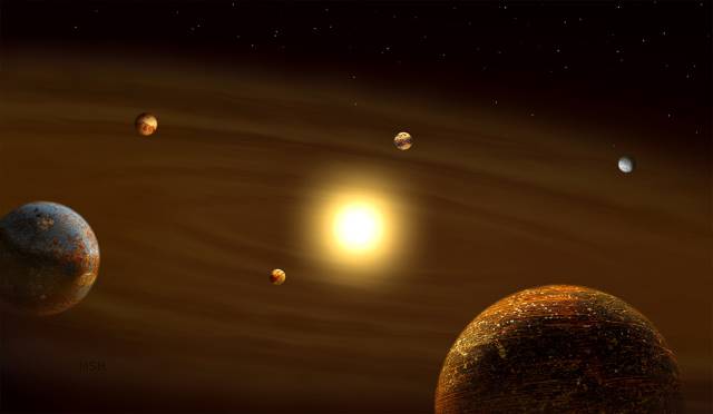 低金属量星の周囲に存在するコンパクトな複数惑星系のイラスト