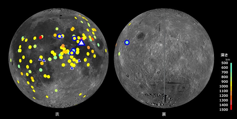 月震の震央分布と観測地点