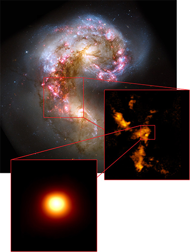 （上）ハッブル宇宙望遠鏡による触角銀河（中央右）アルマ望遠鏡による分子雲（下）非常に高密度で大質量であるにもかかわらず星が存在しないガス雲