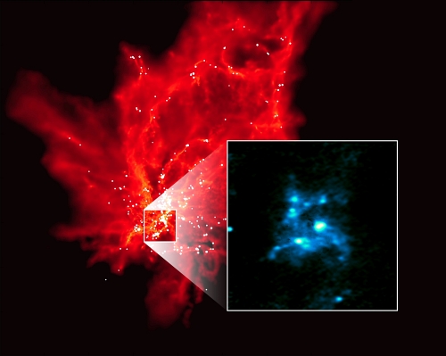 （左）大質量星形成領域のガス分布のシミュレーション結果、（右）アルマ望遠鏡で観測したG33.92+0.11Aの塵の分布