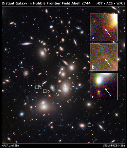 パンドラ銀河団と、3つに分離された遠方銀河の重力レンズ像