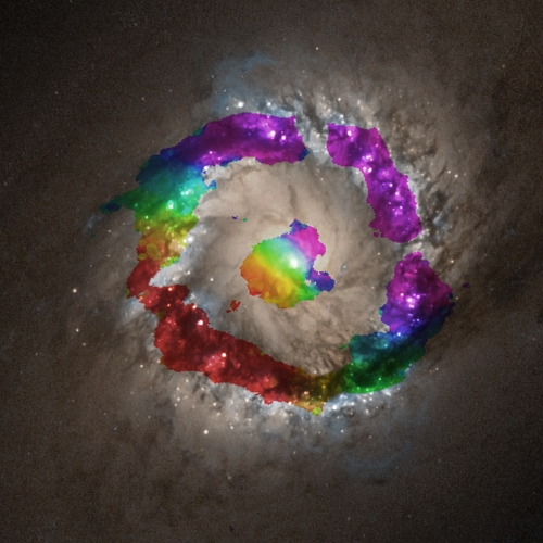 アルマ望遠望遠鏡で観測したHCNガスの運動を色で表した画像