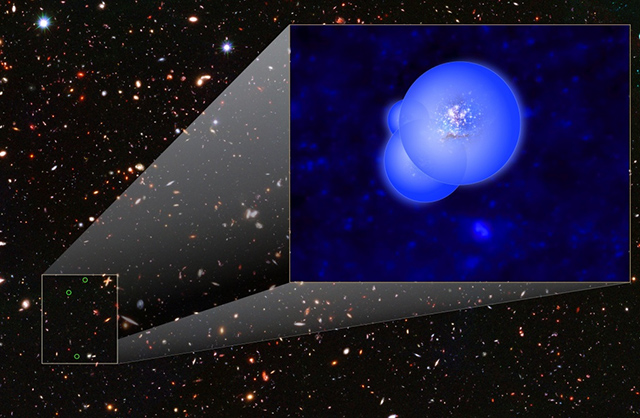 電離した水素の泡に囲まれる銀河群「EGS77」のイラスト