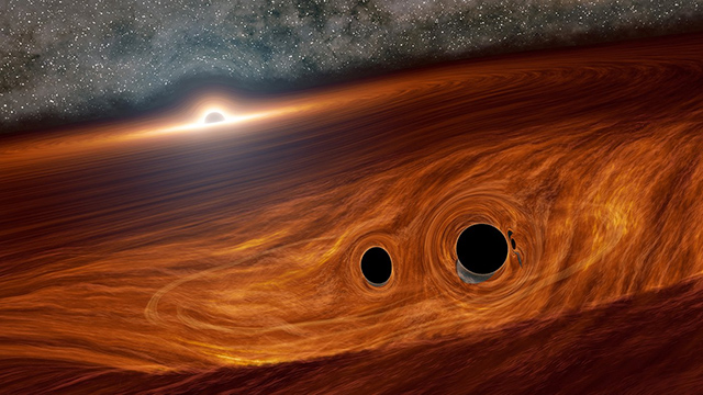 超大質量ブラックホールと周囲の円盤、円盤内のブラックホール連星の想像図