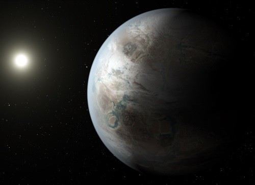 地球の1.6倍の系外惑星「ケプラー452」とその周りを回るケプラー452bの想像図