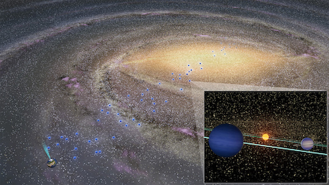 俯瞰した天の川銀河の想像図と冷たい系外惑星系の想像図