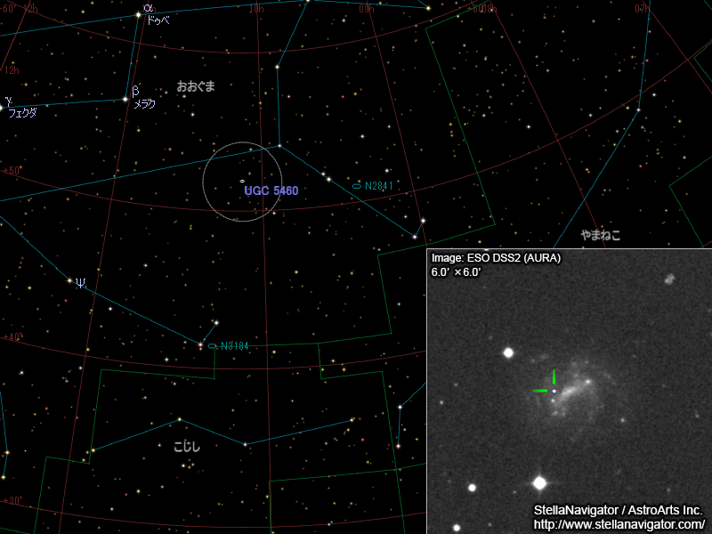 UGC 5460周辺の星図と、DSS画像に表示した超新星