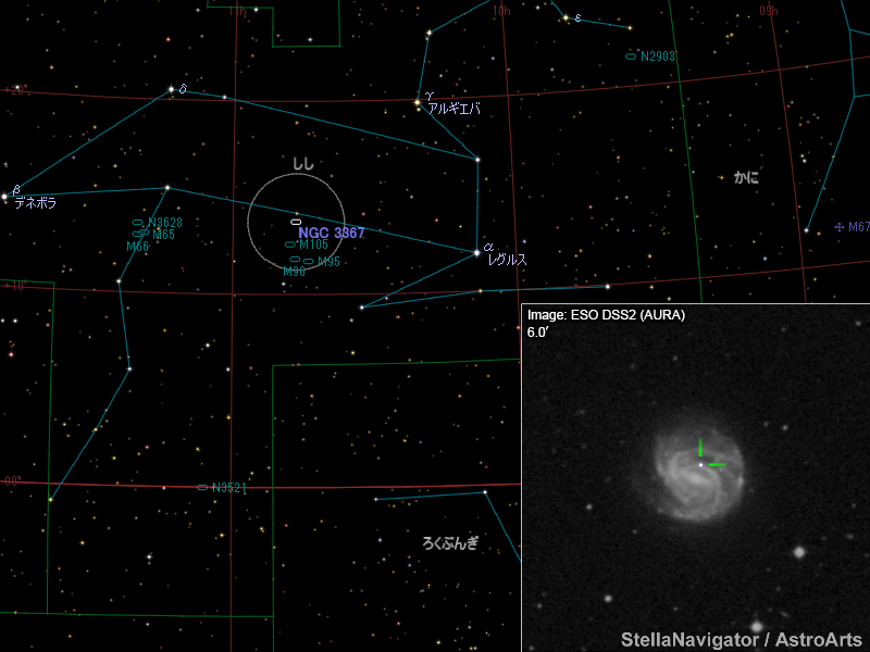 NGC 3367周辺の星図と、DSS画像に表示した超新星