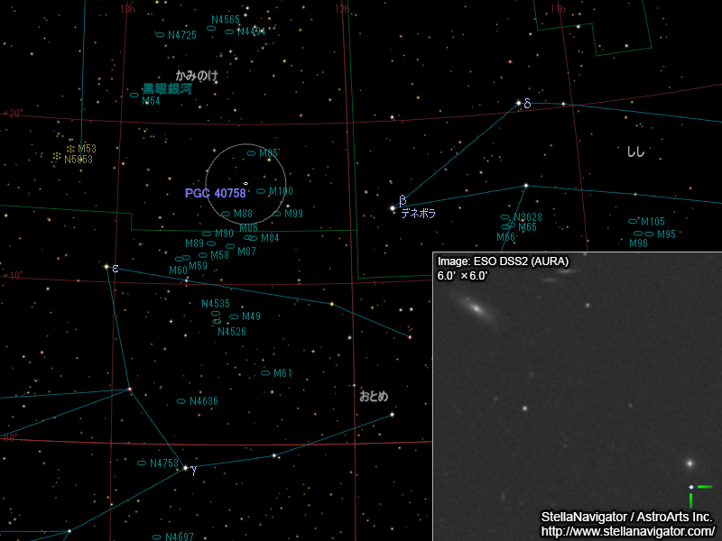 PGC 40758周辺の星図と、DSS画像に表示した超新星