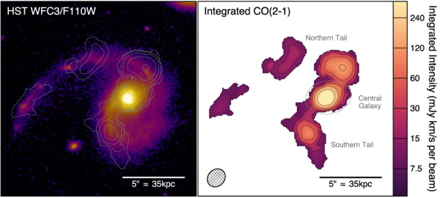 SDSS J1448+1010の近赤外線画像と周囲の一酸化炭素分子の分布