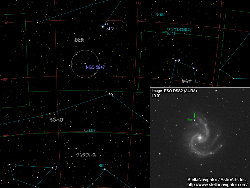 NGC 5247周辺の星図と、DSS画像に表示した超新星