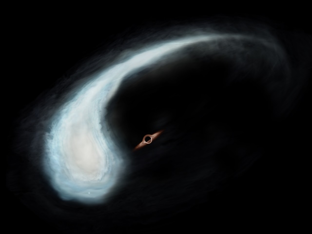 「おたまじゃくし」分子雲と中間質量ブラックホールの想像図