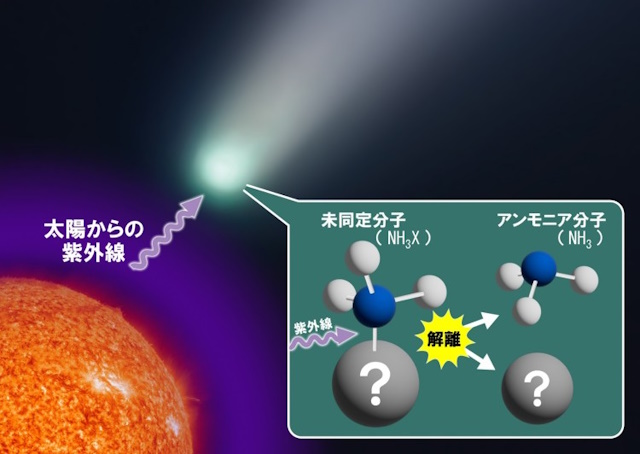 彗星コマ中で光解離によりアンモニア分子が生成されるイメージ