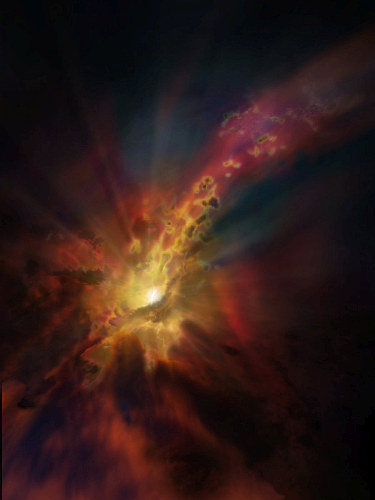 銀河団エイベル2597の中心に位置する巨大楕円銀河の周囲の想像図