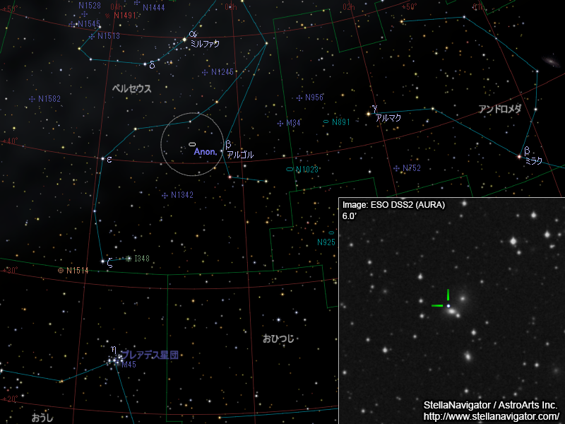 ペルセウス座の銀河周辺の星図と、DSS画像に表示した超新星