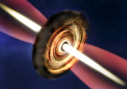 若い大質量星の周囲を取り囲む円盤と超高速ガス流の想像図