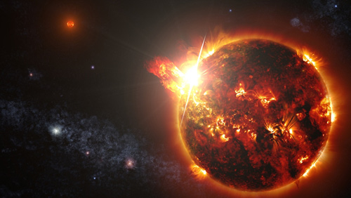 連星系「りょうけん座DG」の一方の星で起こったフレアの想像図