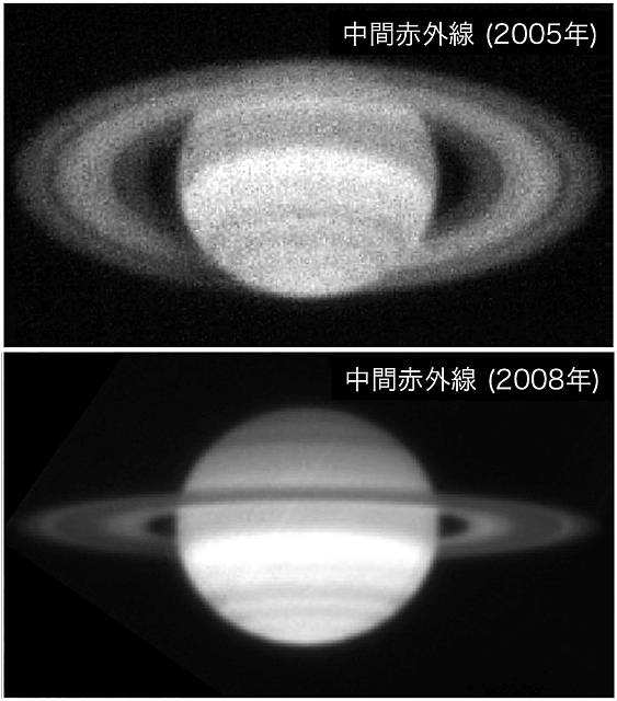中間赤外線での土星の環の、2005年と2008年の比較