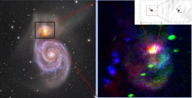 （左）NGC 5194とNGC 5195、（右）NGC 5195の擬似カラー画像