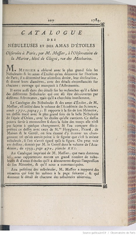 1781年版メシエカタログの第一ページ