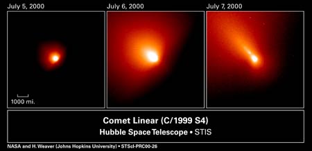 HSTがとらえた、リニア彗星の核の一部が分離するようす
