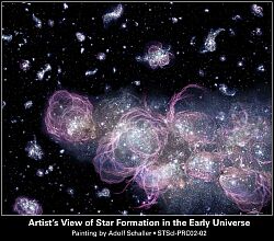 （初期宇宙で起こったと考えられている星の誕生の想像図）