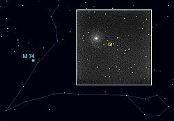 （M 74 周辺の星図と超新星の写真）