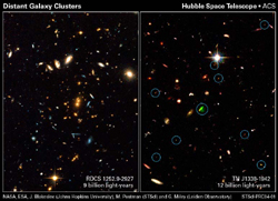 （ハッブルのACSカメラによる銀河団RDSC1252とTN J1338の写真）