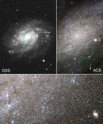 （（左上）デジタルスカイサーベイによるNGC 300の画像、（右上）ハッブルのACSカメラによる同銀河の画像、（下）ACSカメラの画像の一部を拡大したもの）