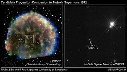 （（左）超新星爆発によってできた泡構造に包まれた領域の画像、（右）超新星の伴星と思われる星の画像。周辺の星の3倍のスピードで移動している）